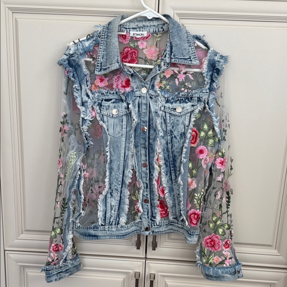 Paris Hues Embroidered Denim and Sheer Jacket Stunning